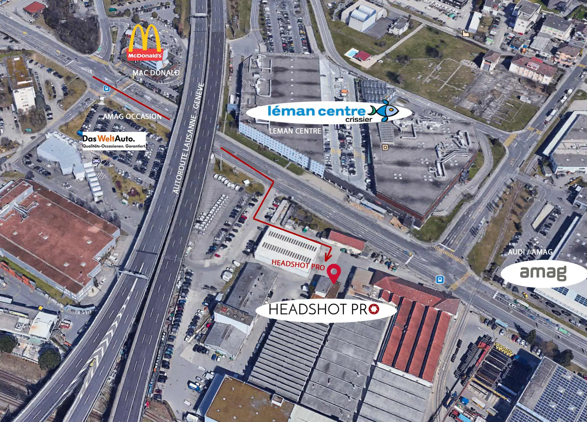 Accès au studio Headshot Pro à Crissier avec repères de localisation